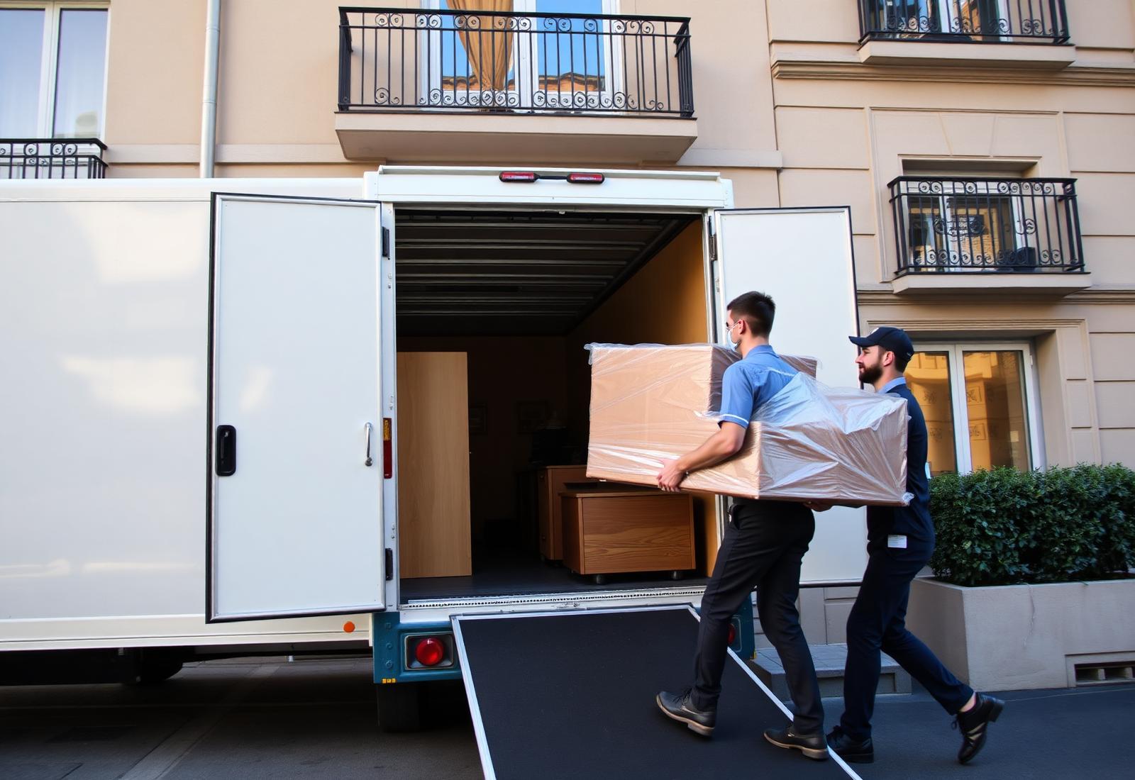 Operarios de Trans y Mudanzas Lussy cargando muebles protegidos en un camión de mudanzas en Barcelona